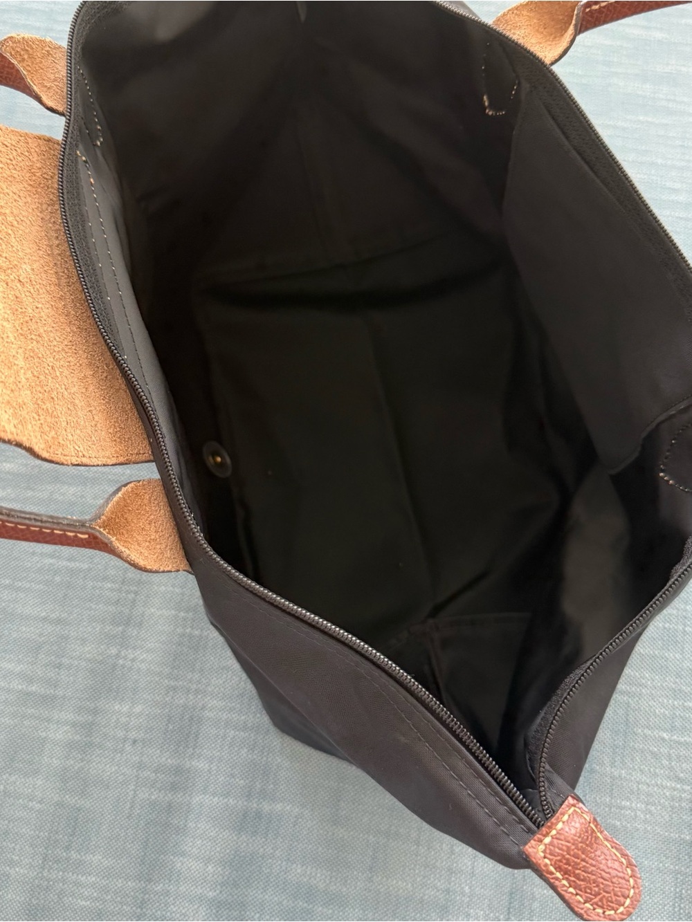 Longchamp Le Pliage Original Medium Tote Black Nylon Brown Leat - Picture 7 of 9